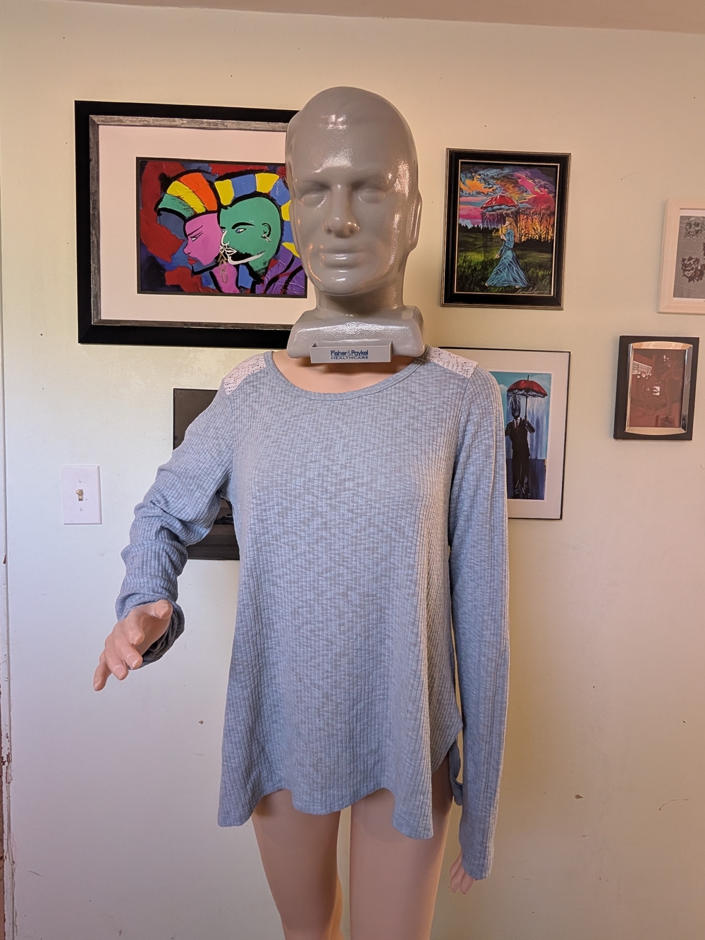 Light Gray Long-Sleeve Top with White Lace Back Panel